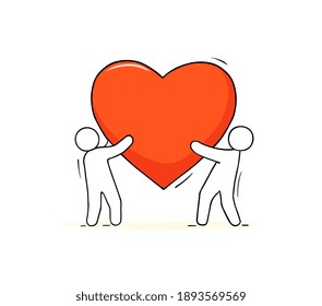 Cartoon icon - concept of love. Mini people standing with big red heart. Hand drawn vector about love and relationship.