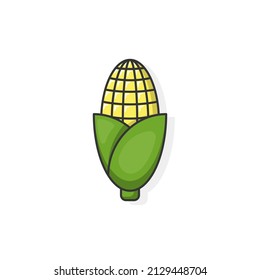 Cartoon icon of corn. Yummy fruit and peel of corn. Staple food, carb and whole fruit with leaf. Food icon concept isolated vector illustration.
