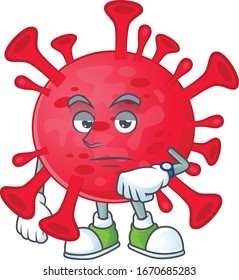 A cartoon icon of coronavirus amoeba with waiting gesture