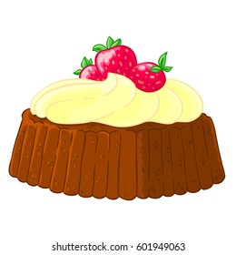 Cartoon icon of a cupcake with lemon meringue and strawberries. Vector illustration isolated on white. T-shirt printing.