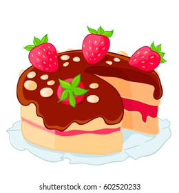 Cartoon icon cut sponge cake with strawberries and chocolate. A piece of dessert. Vector illustration isolated on white. T-shirt printing.