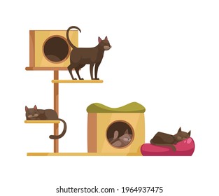 Cartoon icon with cute cats sitting and sleeping on cat tree with scratchers vector illustration