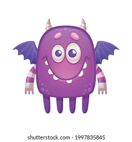 Cartoon Icon With Cute Kind Purple Monster With Wings And Small Horns Vector Illustration