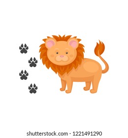 Cartoon icon of cute lion and his footprints. Wild African animal. Flat vector element for children book or mobile game