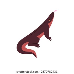 Cartoon icon of cute monitor lizard. Adorable komodo dragon looks up. Big exotic reptile shows tongue. Tropical varanus, rainforest animal. Flat isolated vector illustration on white background