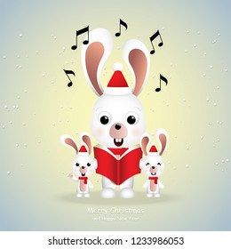 Cartoon icon , Cute rabbits singing Merry Christmas.