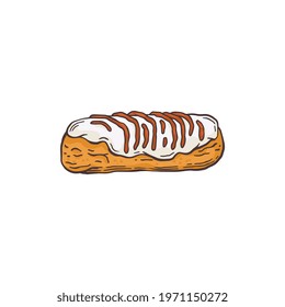 Cartoon icon of delicious eclair cake, sketch vector illustration isolated on white background. Sweet dessert image for bakery or confectionery restaurant.