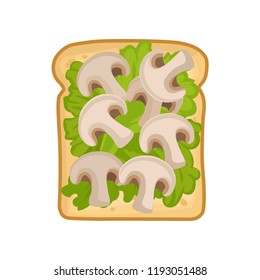 Cartoon icon of delicious and healthy sandwich. Slice of rye bread with lettuce leaves and mushrooms