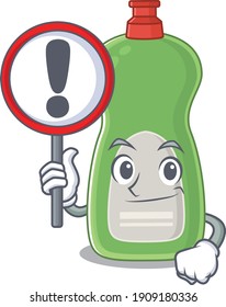 A cartoon icon of dishwashing liquid with a exclamation sign board. Vector illustration