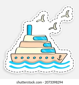cartoon icon of doodle Cruise ship for ocean voyages on sea waves. Multi deck liner for sea recreation. Vector isolated on white background