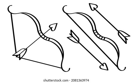 cartoon icon of doodle Cupid bow with stretched title and an arrow with heart shaped arrowhead. Valentines day february 14. Vector isolated on white background
