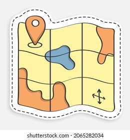 cartoon icon of doodle map with checkpoint mark. Navigation on paper map using GPS system. Vector isolated on white background