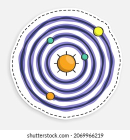 cartoon icon of doodle model of solar system. Planets revolve in orbits in space around star, sun. Vector isolated on white background