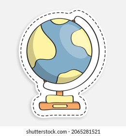 cartoon icon of doodle school globe on stand. Studying geography at school. Planet earth model for training. Vector isolated on white background