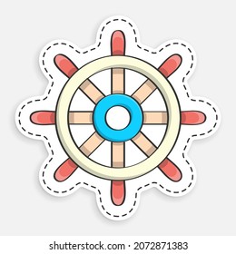 cartoon icon of doodle Steering wheel ship, fishing boat. Yacht management at sea. Vector isolated on white background