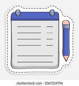 cartoon icon of doodle Tablet with clip for sheet of paper and pen. Tablet for keeping list, list of important things to do. Completing assignments. Vector isolated on white background