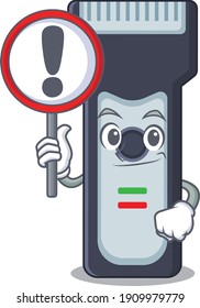 A cartoon icon of electric shaver with a exclamation sign board. Vector illustration