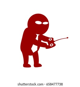 Cartoon icon emotional character, gesticulating. Funny businessman with necktie enthusiastically manipulates remote control pad. He is concentrated, determined and aggressive. Use for presentations.