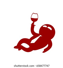 Cartoon icon emotional character, gesticulating. Funny businessman with necktie lays comfortable and happy, holding wine glass. Use for presentations.