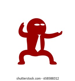 Cartoon icon emotional character, moving and gesticulating. Funny businessman with necktie stands in kung-fu or karate posture, making aggressive challenge gesture with his outstretched arm.