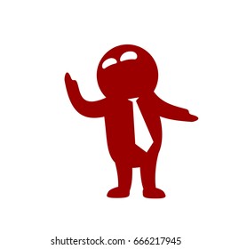 Cartoon icon emotional character, moving and gesticulating. Funny businessman with necktie proudly presents his achievements, showing with his hand.