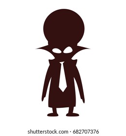 Cartoon icon emotional character, moving and gesticulating. Funny alien with big head and with necktie looks angrily. Use for presentations.