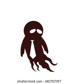 Cartoon icon emotional character, moving and gesticulating. Funny and sad ghost with necktie flies around. Use for presentations.