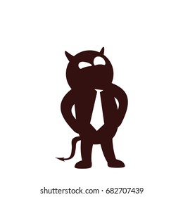 Cartoon icon emotional character, moving and gesticulating. Funny devil with necktie proudly stands with his hands on his hips and looks satisfied. Use for presentations.