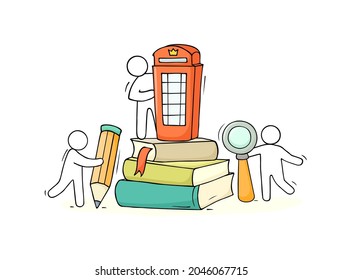 Cartoon icon - english class with working little people. Doodle cute miniature of teamwork and british symbols. Hand drawn cartoon vector illustration for school subject design.