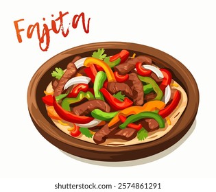 Cartoon icon of essence of a classic Mexican dish fajitas. Seaming platter filled with grilled strips of meat, colorful bell peppers in red, green, and onions vector illustration isolated on white