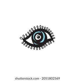 Cartoon icon of evil eye in blue and black, vector illustration isolated on white background. Symbol of luck and protective eye image for prints and decoration.