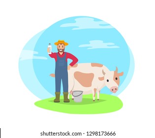 Cartoon icon of farmer with cow on field vector badge isolated on landscape. Smiling man standing with big domestic animal with bottle of milk in hand
