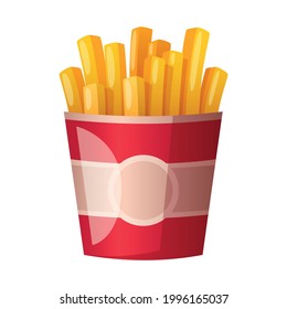 Cartoon icon with french fries in red paper box on white background vector illustration