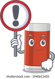 A cartoon icon of glass of apple juice with a exclamation sign board. Vector illustration