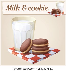 Cartoon icon with glass of milk and chocolate cookie. Vector peanut butter shortbread sandwiches illustration for breakfast