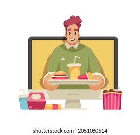 Cartoon icon with happy male blogger holding tray with fast food vector illustration