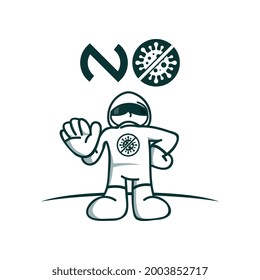 Cartoon or icon of healthcare worker using coverall protective suit medical with prohibition Corona pose and signs in the suit. Vector illustration.