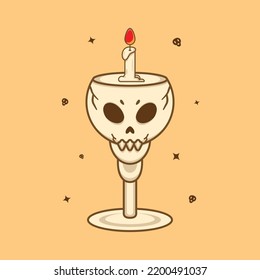 Cartoon Icon Illustration Of Scary Skull Candle Holder. Halloween Concept. Simple Premium Design