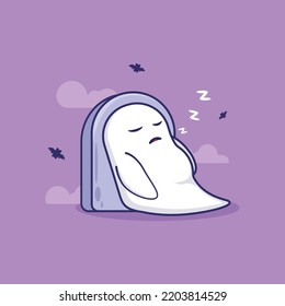 Cartoon Icon Illustration Of A Sleeping Ghost On A Tombstone. Halloween Concept. Simple Premium Design