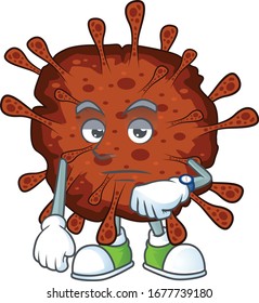 A cartoon icon of infection coronavirus with waiting gesture