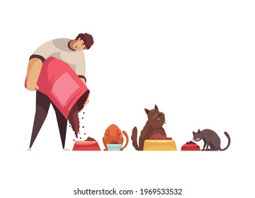 Cartoon icon with kind pet sitter feeding cats and dog vector illustration