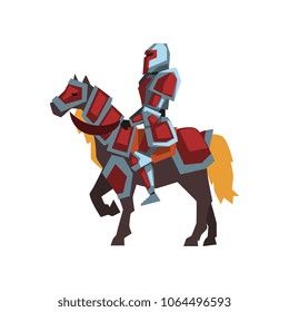 Cartoon icon of knight on horseback. Royal horse rider in red steel armor. Flat vector design for postcard, mobile or computer game