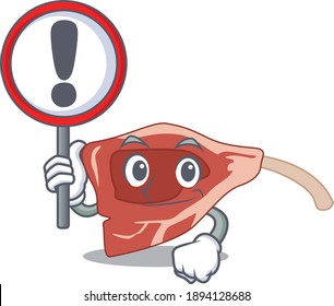 A cartoon icon of lamb chop with a exclamation sign board. Vector illustration