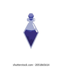 Cartoon icon of magic potion bottle or flask with blue bright liquid, vector illustration isolated on white background. Alchemy witchcraft elixir symbol or sign.