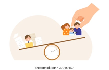 Cartoon Icon Of Man Balance Between Working And Using Time With Family On Clock. Concept Of Time Management, Work-life Balance, Working Hard. Flat Vector Illustration Character.