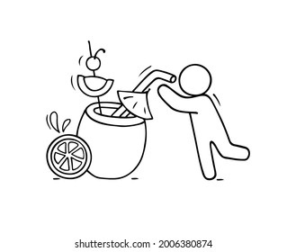 Cartoon icon - man drinking cocktail. Hand drawn vector illustration for food and summer design.
