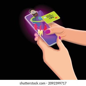 Cartoon icon of a man on a rocket on a mobile phone screen. Vector banner