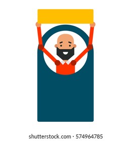Cartoon icon man. Vector illustration young guy with a sign in flat style and blank space for inscription.