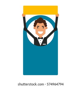 Cartoon icon man. Vector illustration young guy with a sign in flat style and blank space for inscription.