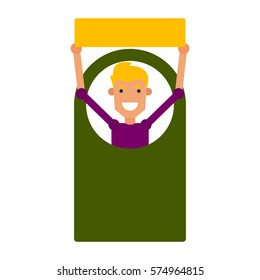 Cartoon icon man. Vector illustration young guy with a sign in flat style and blank space for inscription.